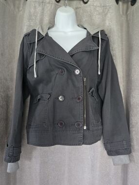 ⭐️Hurley Charcoal Gray Hooded Double-Breasted Utility Jacket⭐️